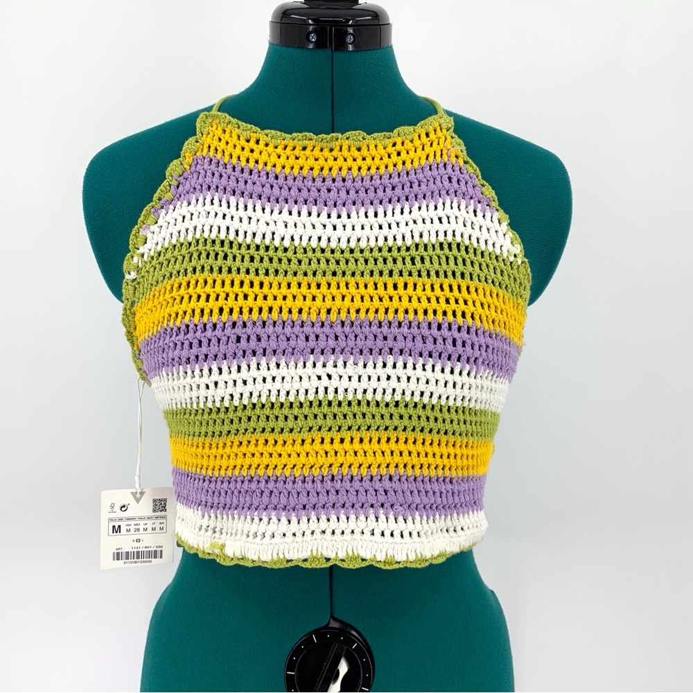 Zara NWT Striped Crochet Backless Halter Top with Ties, Medium